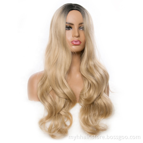 Ombre Long Blonde Wavy Wigs For Women Synthetic Black Ombre Blonde Female Daily Party Heat Resistant False Hair
